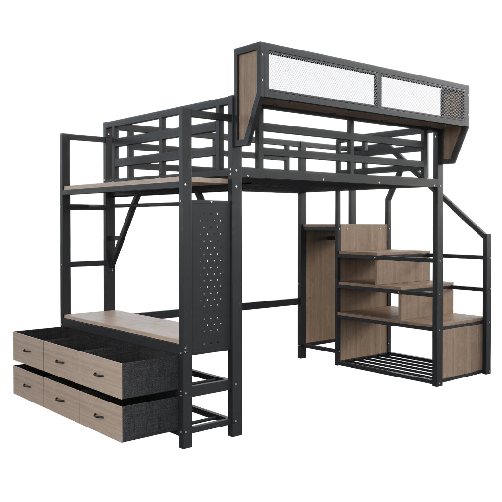 Letto a soppalco 140 × 200 cm con ripiani, asta appendiabiti, cassetti in tessuto et LED, senza materasso, nero