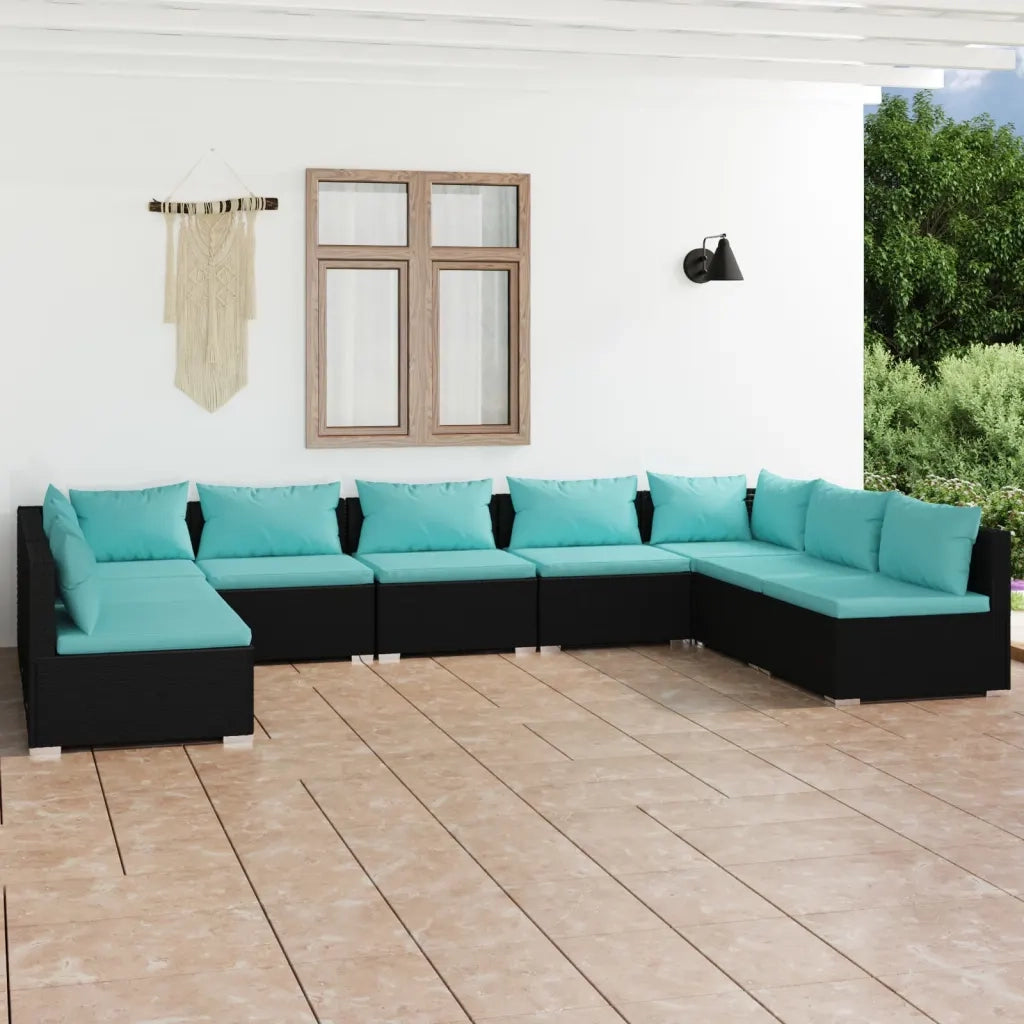Set Divani da Giardino 9 pz con Cuscini in Polyrattan Nero 3101905