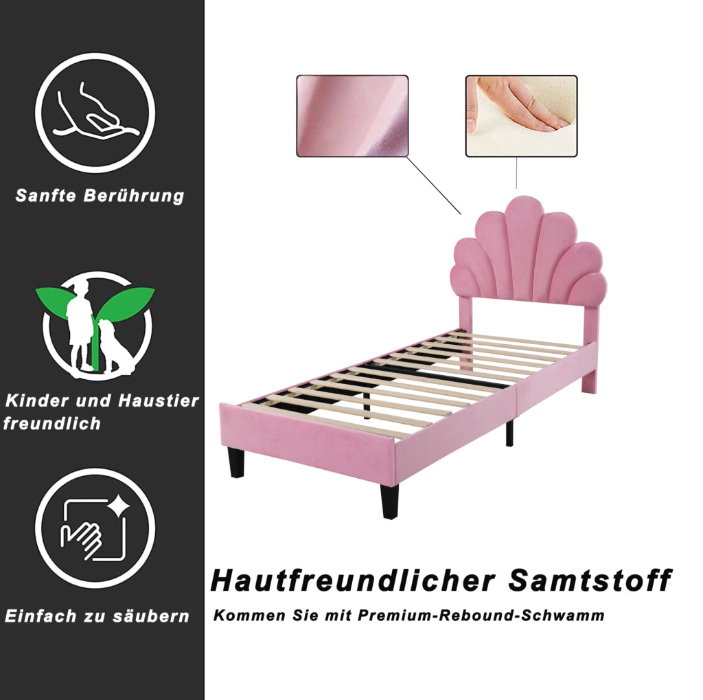 Letto imbottito 90x200 cm con testiera a forma di fiore; velluto rosa e rete a doghe