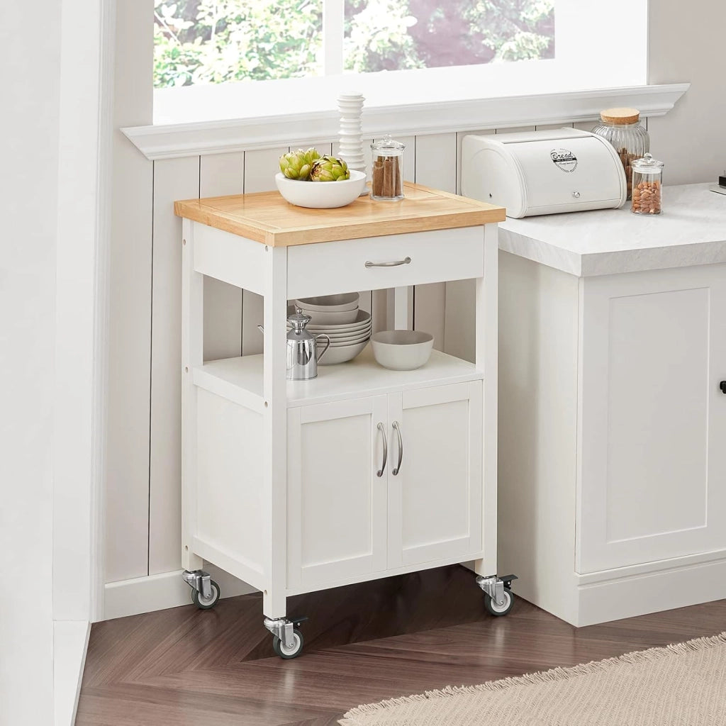 Carrello cucina salvaspazio con piano di lavoro – Mobile cucina con ruote, ideale come mobiletto cucina, credenza compatta o mobile microonde – Disponibile in Bianco 60x92x45cm FKW22-WN