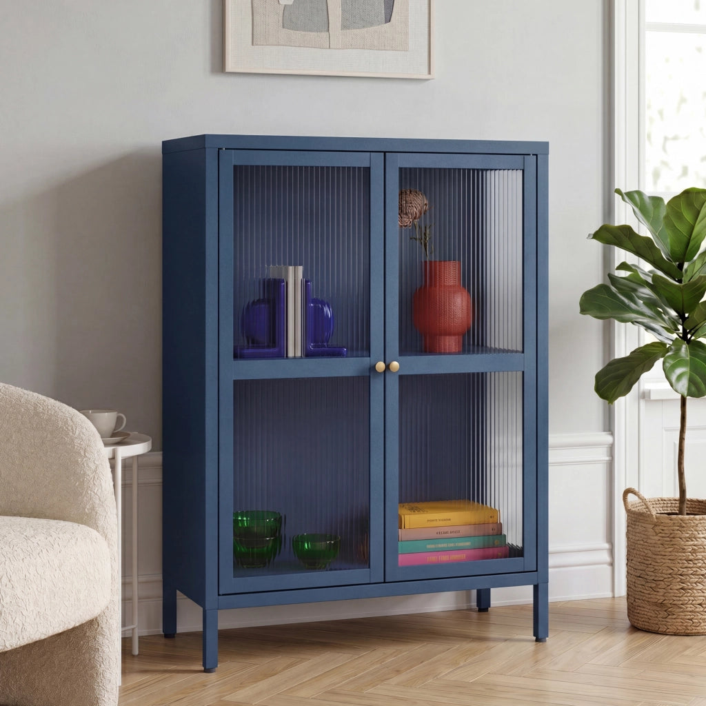 Credenza Säkylä Comò con Ante in Vetro Scanalato 84x64x35 cm Blu Marino [en.casa]
