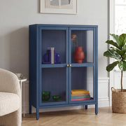Credenza Säkylä Comò con Ante in Vetro Scanalato 84x64x35 cm Blu Marino [en.casa]
