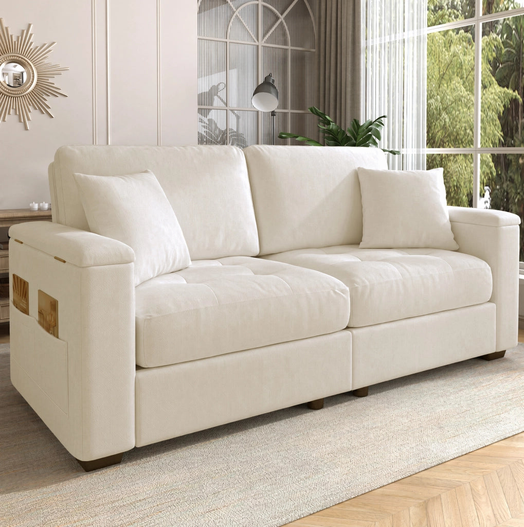 Divano 2 posti in ciniglia beige con contenitori e 2 cuscini