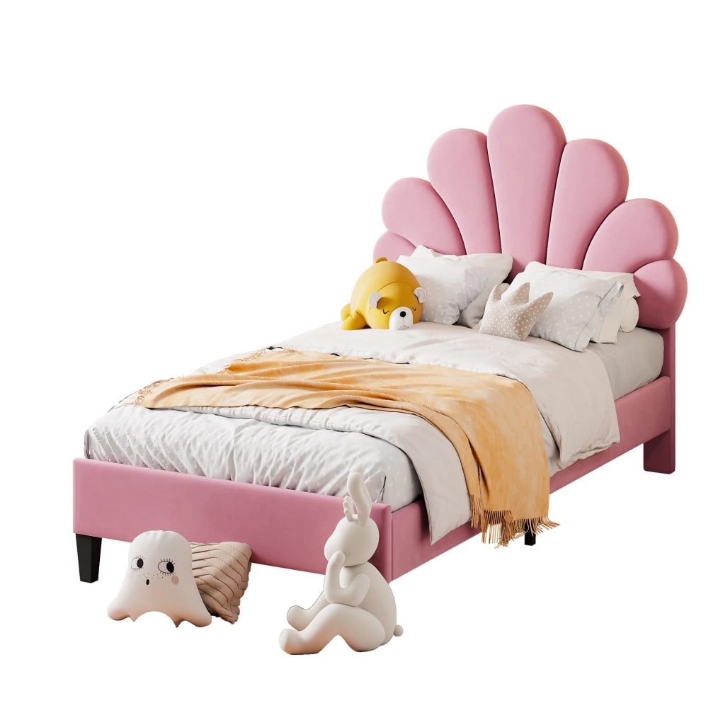 Letto imbottito 90x200 cm; testiera a fiore; velluto rosa (Senza materasso)