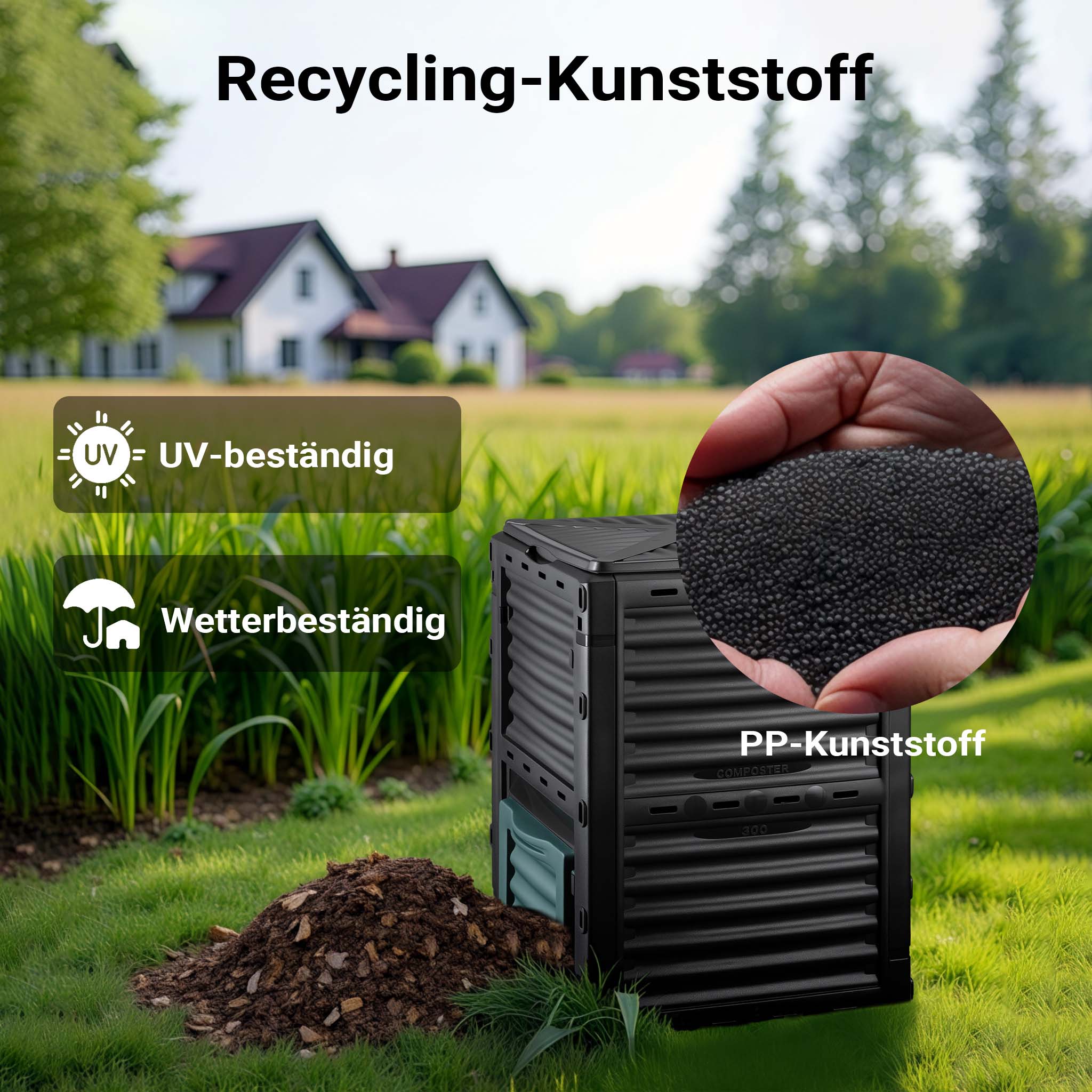 Compostiera da 300 litri 61 x 61 x 82 cm, compostiera da giardino in plastica per rifiuti organici, con coperchio e sportello inferiore per lo svuotamento