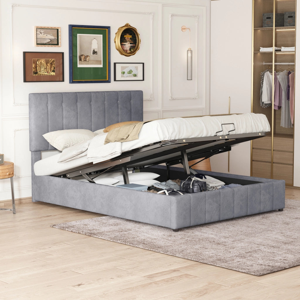Letto Contenitore 140x200 cm; Letto Matrimoniale con contenitore idraulico; in Velluto Grigio
