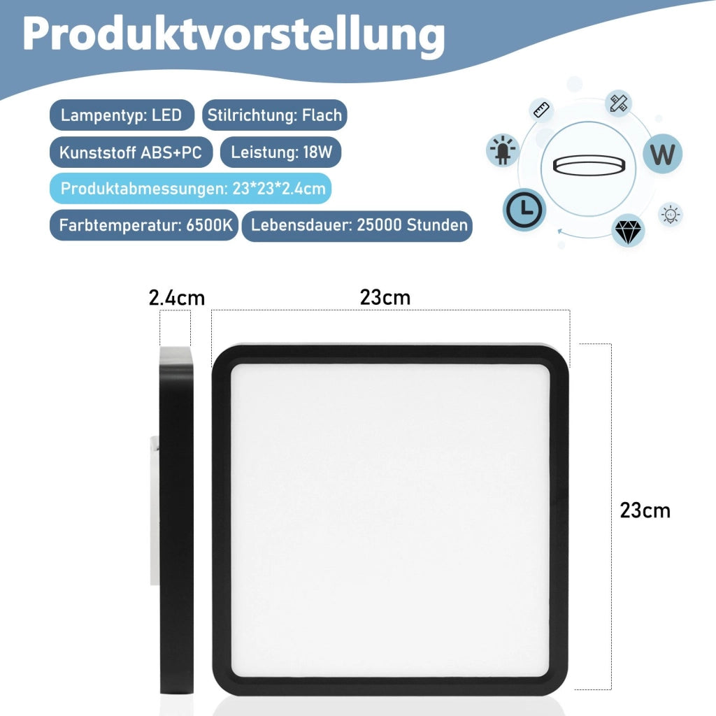 ZMH Lampada da soffitto plafoniera LED quadrata nera 23 cm 6500K per soggiorno cucina corridoio