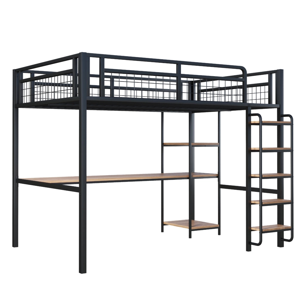 OKWISH Letto a Soppalco 140×200 cm, Letto Matrimoniale con Scala a Gradini, Scrivania e Mensole, senza Materasso, in Metallo, Nero