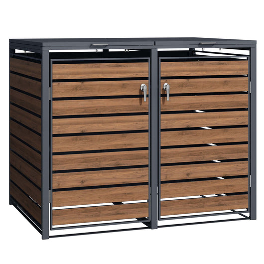 Copri bidoni della spazzatura con coperchio ribaltabile per due contenitori 60-240l, acciaio antracite ed effetto legno, copribidone da esterno