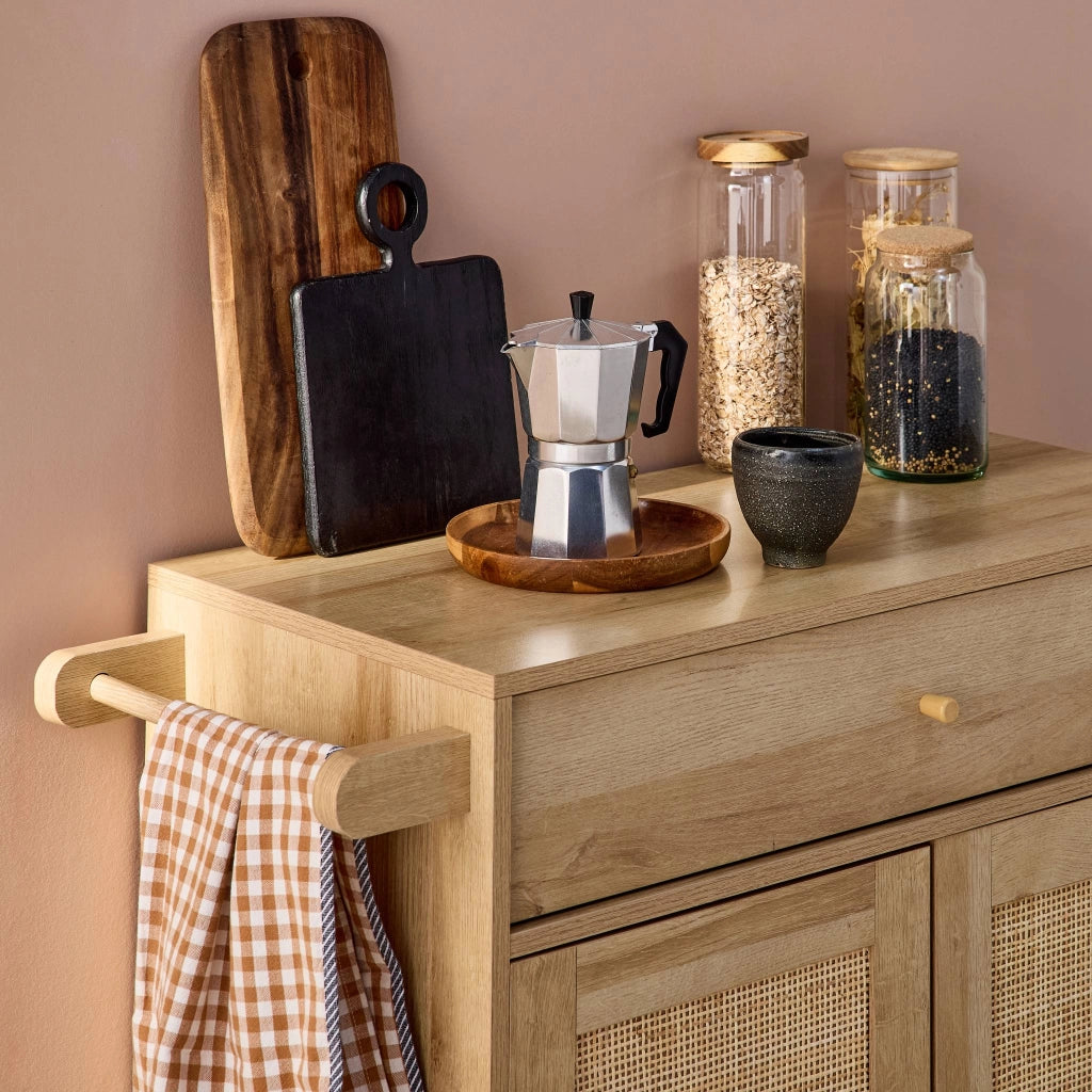 Carrello da cucina decorato in legno con 1 cassetto, 80cm, marrone