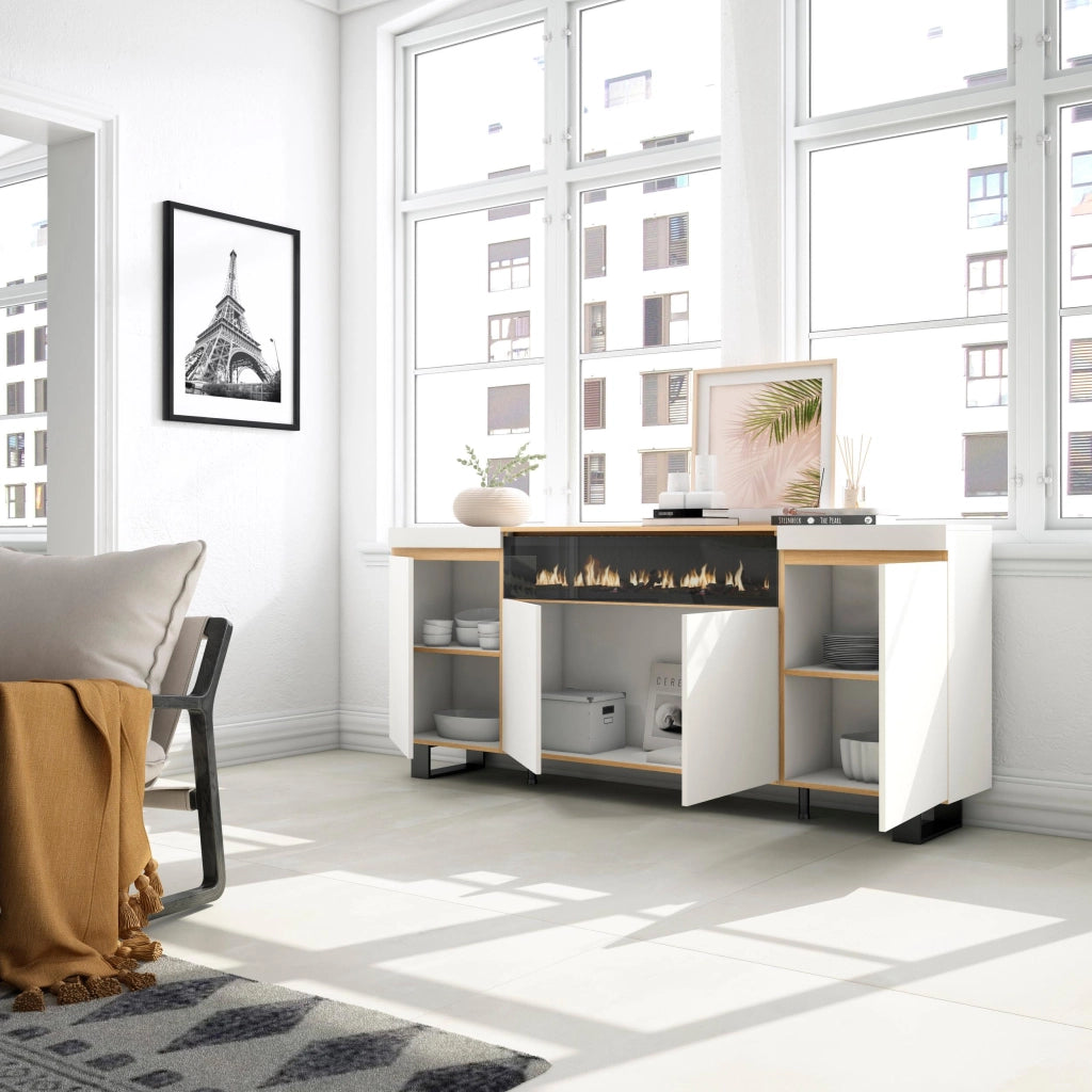 Credenza, Mobile, Cucina, 200x87x35cm, 4 Porte, Camino elettrico, Design industriale, Bianco e Rovere soft