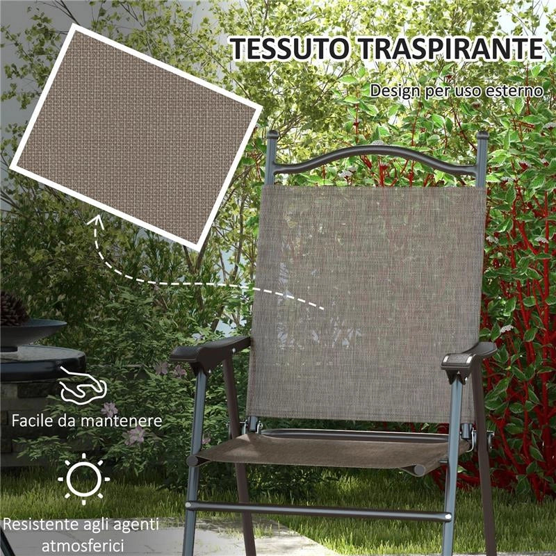 SET 2 SEDIE PIEGHEVOLI DA GIARDINO CON BRACCIOLI E SEDUTA IN TESSUTO TRASPIRANTE, MARRONE