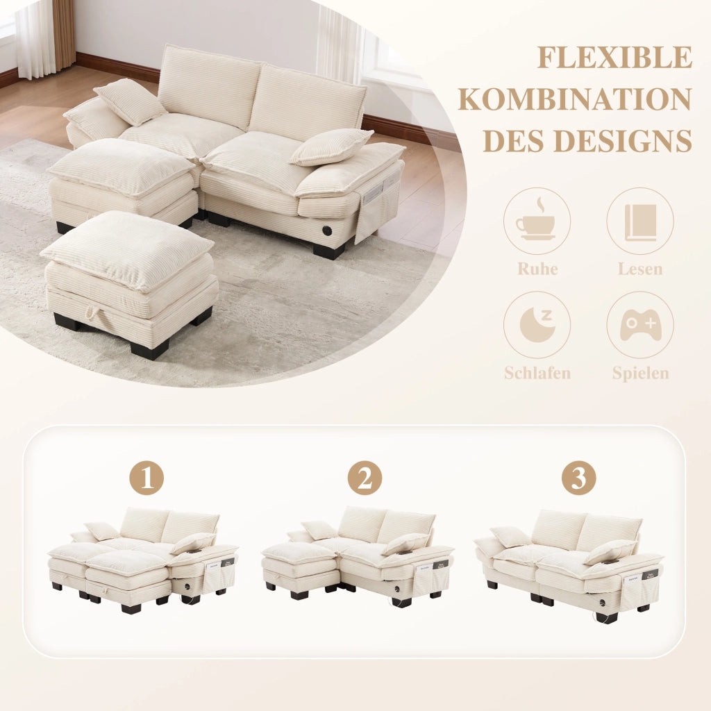 Divano modulare a 2 posti in corduroy con 2 pouf, seduta ampia ergonomica, USB-C e tasche laterali beige