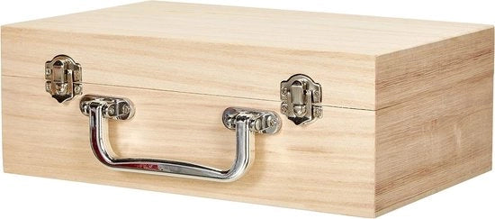 Scatola in Legno senza Interno, 25x16x9 cm, Maniglia in Metallo e Cerniere, Scatola per Fai da Te in Beige