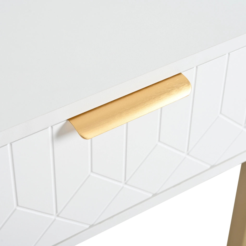 Tavolino consolle moderno con cassetti, struttura dorata e design elegante