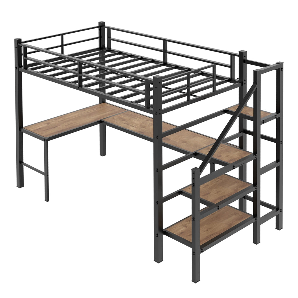 Letto a soppalco con scrivania a L; scala con vani portaoggetti in ferro nero