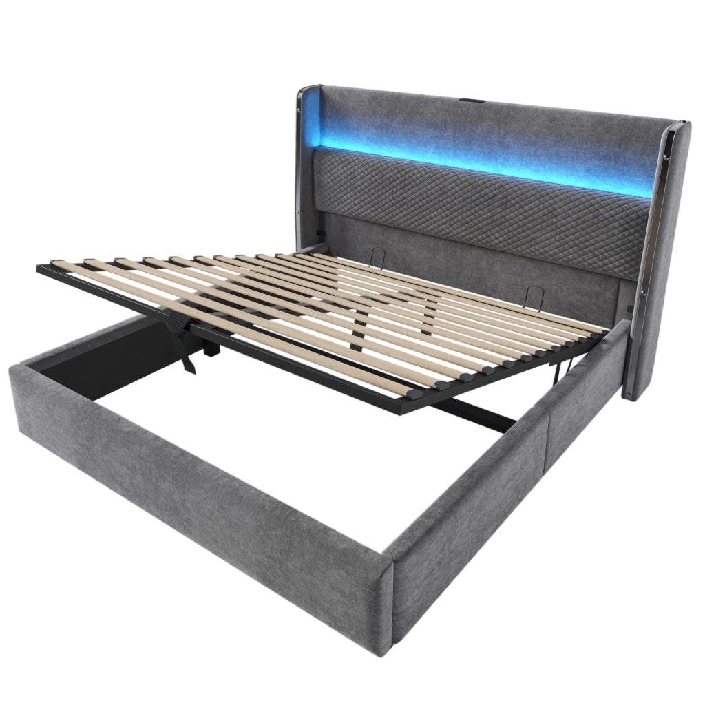 OKWISH Letto contenitore 160×200 cm, Letto Matrimoniale con LED Regolabile, USB, Tipo C e Testiera Alta, con Materasso, in Lino, Grigio