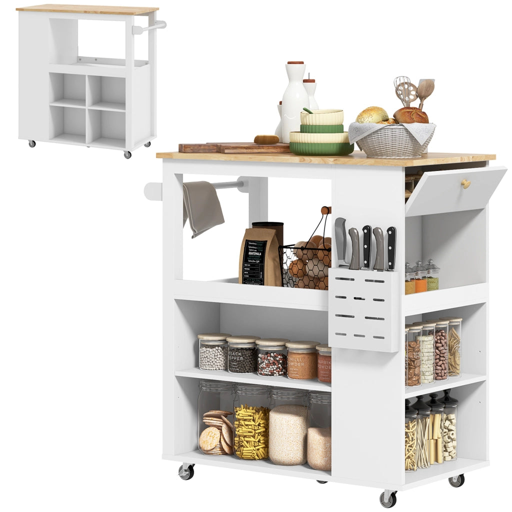 Carrello Isola da Cucina con Ripiani Regolabili, Portacoltelli e Piano in Legno, 86.5x47x88 cm, Bianco