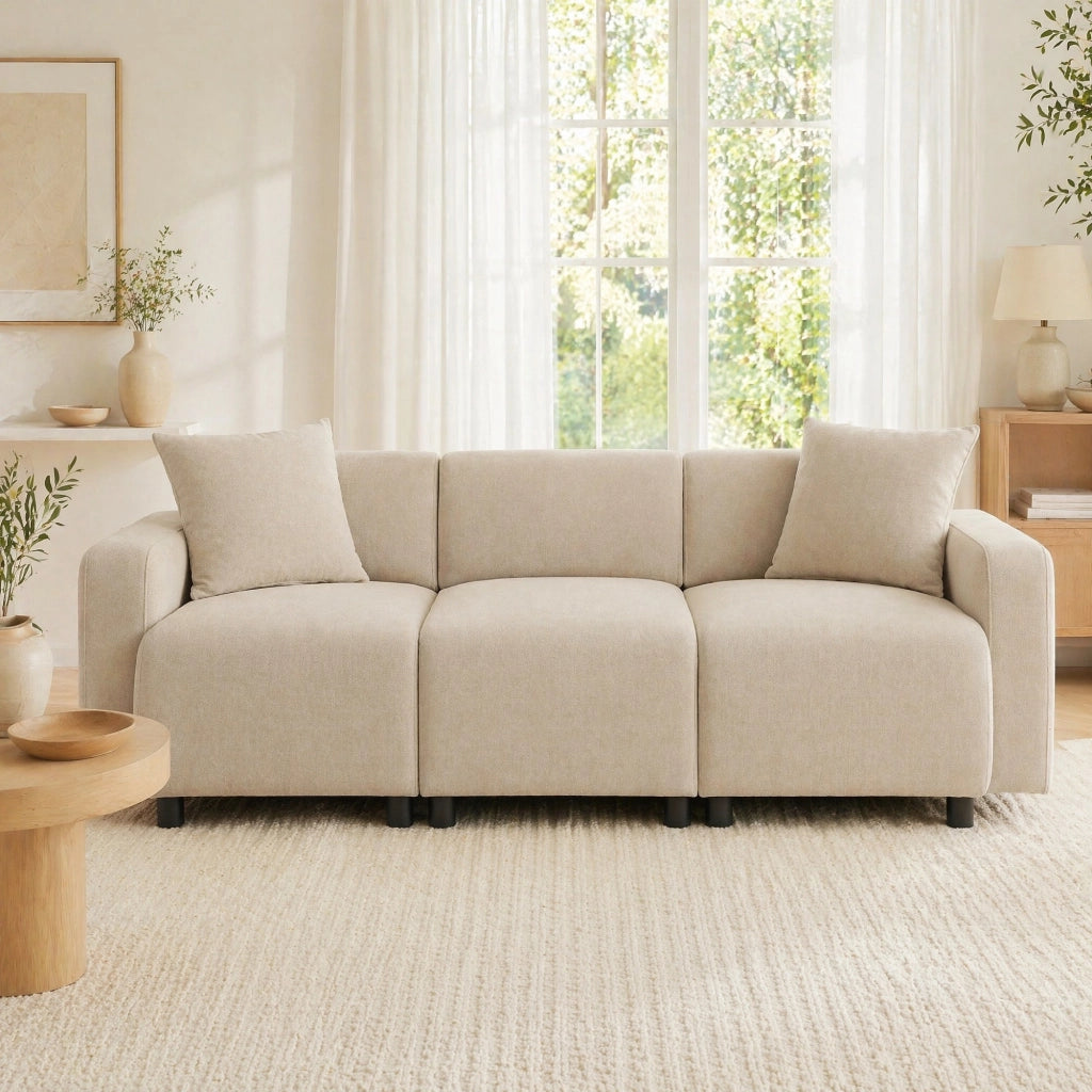 Sofa 3-4 posti in tessuto Chenille beige, design moderno con 2 cuscini, seduta ampia 57 cm