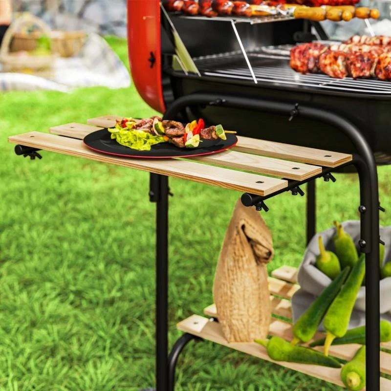 BARBECUE A CARBONE CON 3 RIPIANI E RUOTE, COPERCHIO CON PRESA D'ARIA REGOLABILE, ROSSO