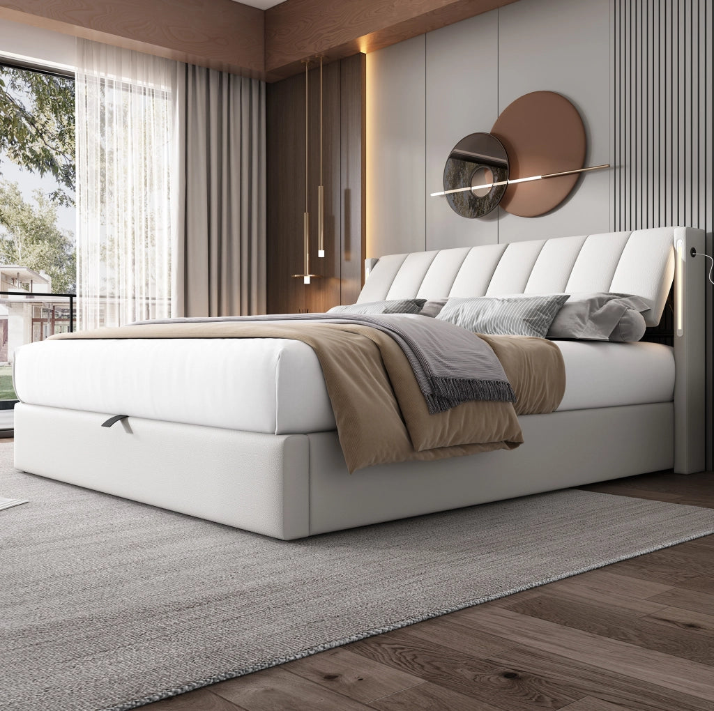 Letto matrimoniale ULEVR 140x200 cm con contenitore, LED, porta USB e testiera regolabile, bianco