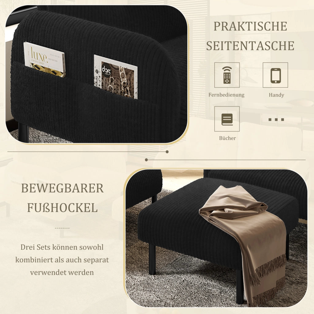 Set divano 2 posti; poltrona e pouf in velluto a coste nero con tasca laterale