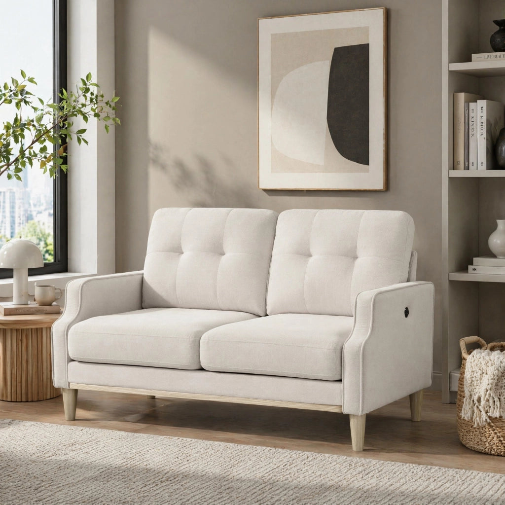 Divano 2 Posti con Porta USB e Braccioli dal Design, in Legno e Tessuto Beige 135 × 72 × 85 cm