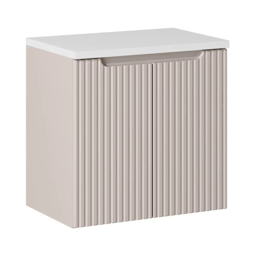 Set da bagno VANO cachemire e bianco 60cm: mobile sottolavabo con ante scanalate verticalmente + piano per lavabo