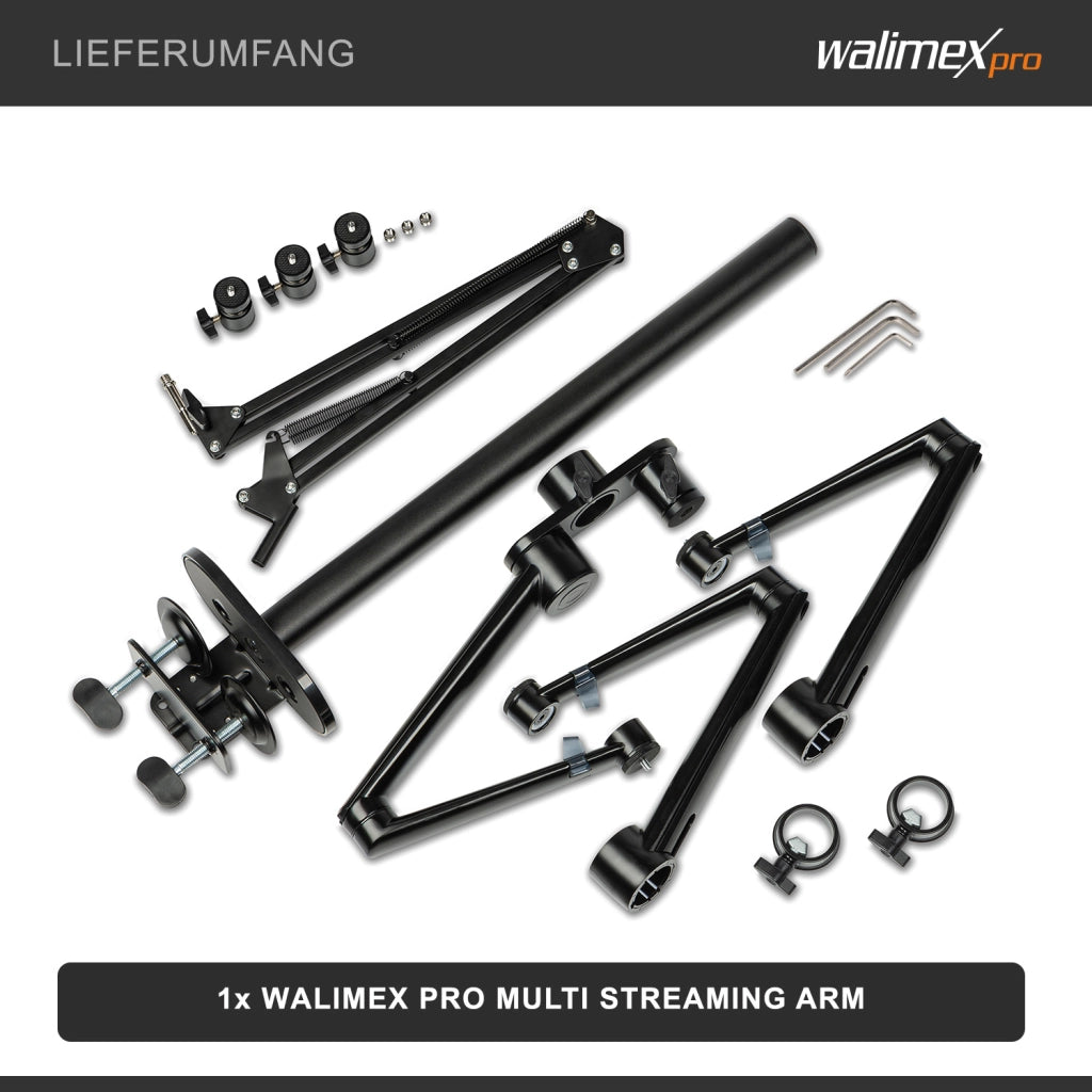 Multi Streaming Supporto da tavolo, 4 bracci articolati per fotocamere, luci LED, microfoni, morsetto di montaggio per piani 65 mm, anche per Vlogging, Videochiamate
