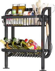 Kruidenrek da parete per il bancone, 2 livelli a muro con viti e ganci, contenitore per la cucina senza perforazione, nero
