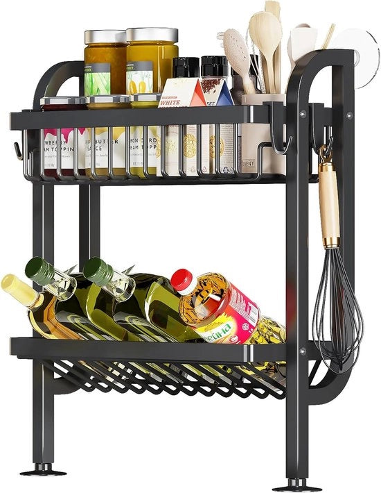 Kruidenrek da parete per il bancone, 2 livelli a muro con viti e ganci, contenitore per la cucina senza perforazione, nero