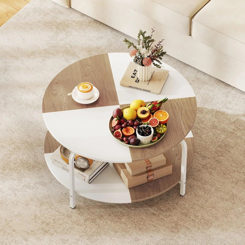 Tavolino da Caffè Rotondo, Tavolino da Salotto a 2 Piani con Struttura in Metallo e Gambe Rialzate, Tavolo da Divano Basso Moderno per Soggiorno e Ufficio, 80 x 80 x 42 cm, Bianco e Naturale