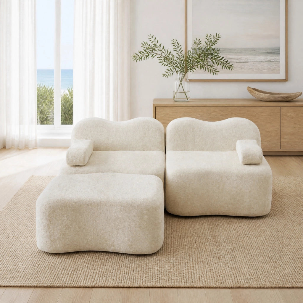 Divano angolare modulare 2 posti con pouf in velluto beige HOMVRA
