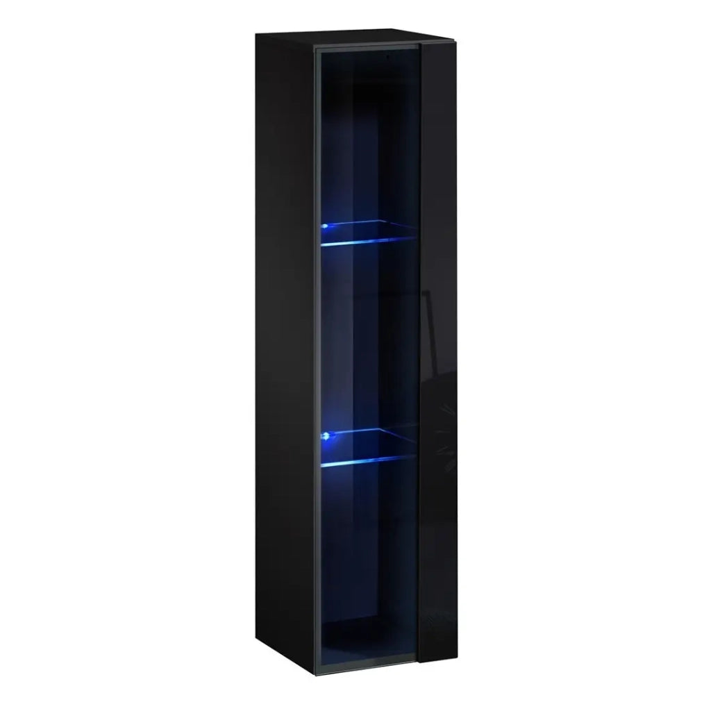 Vetrina sospesa nera piccolo modello con 1 porta a vetro e illuminazione LED inclusa. Collezione SWITCH.