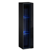 Vetrina sospesa nera piccolo modello con 1 porta a vetro e illuminazione LED inclusa. Collezione SWITCH.