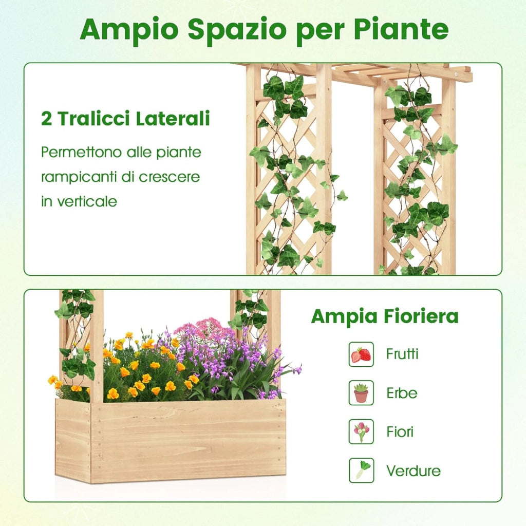 Letto da Giardino Rialzato con Traliccio, Fioriera Rialzata in Legno con Tetto Pendente, Fori di Drenaggio per Piante Rampicanti, Fiori e Verdure (Naturale)
