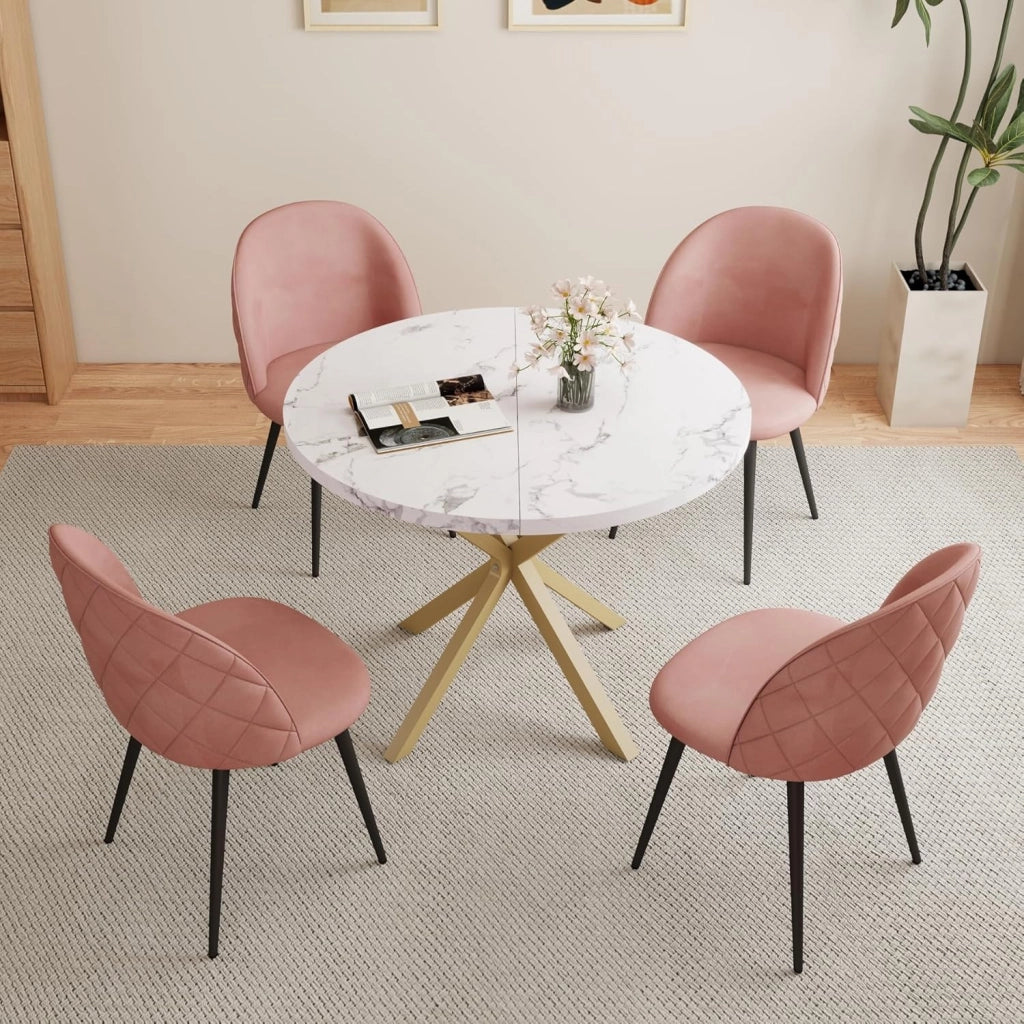 GrandCA HOME Tavolo da Pranzo Rotondo con Piano Moderno Effetto Marmo, Tavolo da Pranzo da Cucina con Quattro Gambe in Metallo, per Sala da Pranzo, Bianco+GDL