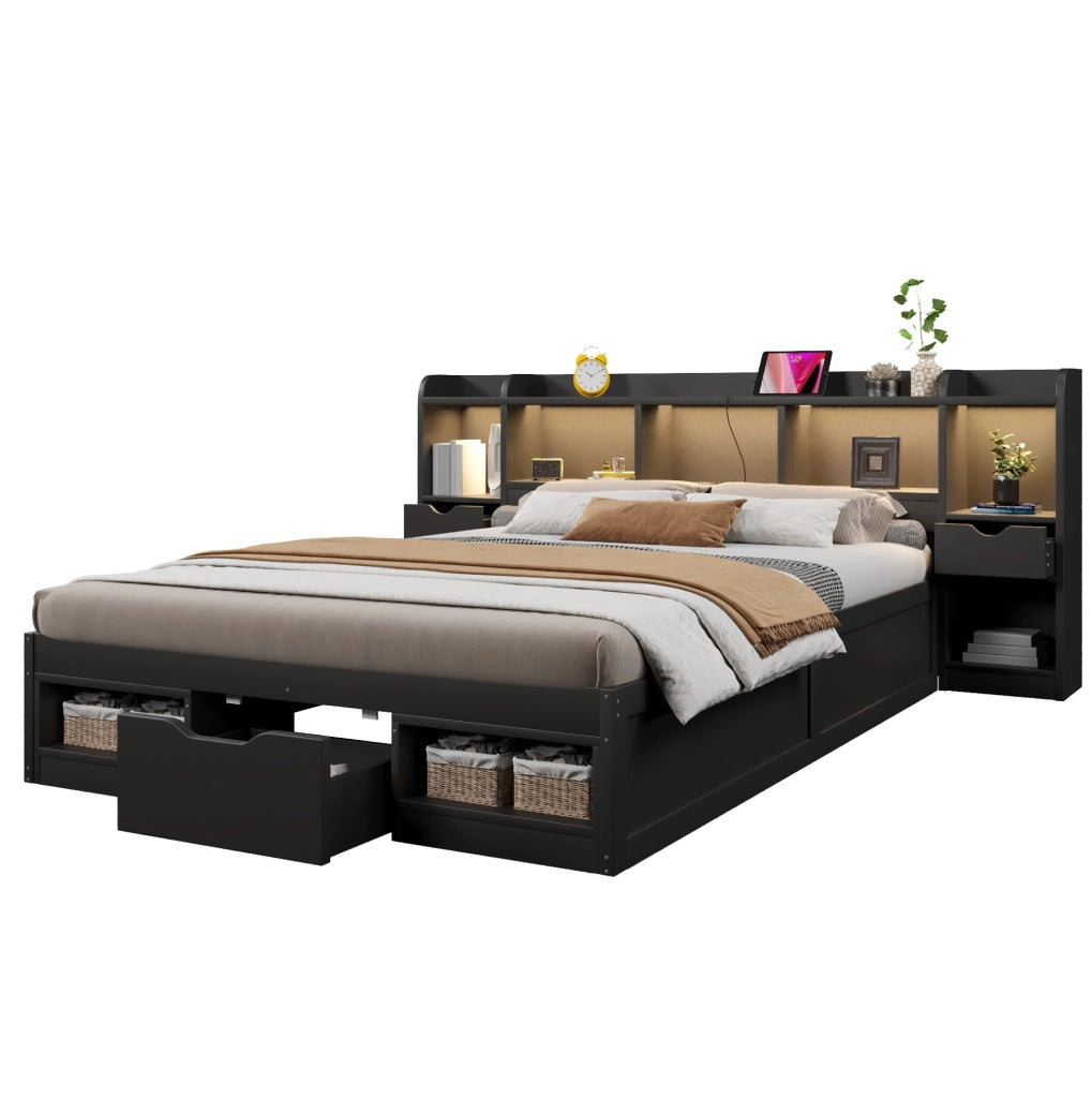 Letto platform 140 x 200 cm con 3 cassetti; vani portaoggetti; LED e USB; nero