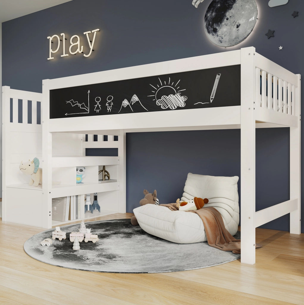 Letto a soppalco per bambini 90 x 200 cm bianco con scala contenitore e lavagna