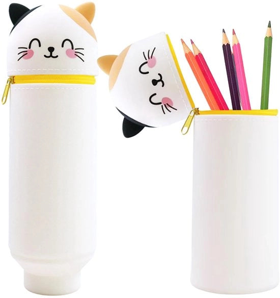 Etui 2 in 1 in silicone kawaii, etui in silicone morbido, etui kawaii per penna (gatto, bianco)
