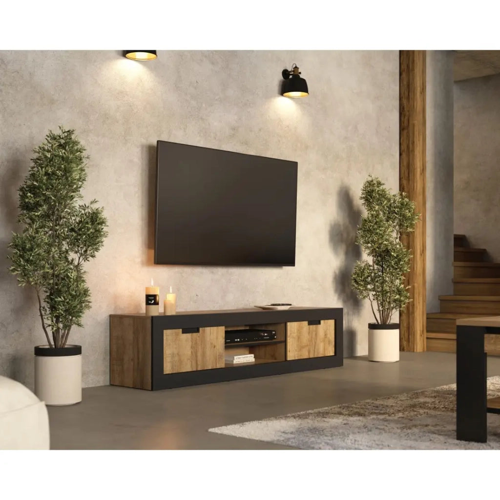 Mobile TV MEUNIER – 2 ante & 5 vani – Rovere Samdal & nero opaco – 180×42×40 cm