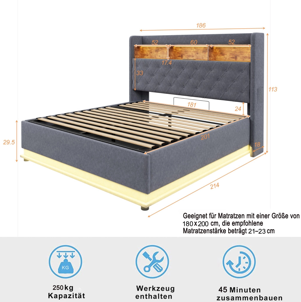 Letto imbottito 180x200 cm con LED multicolore, USB e contenitore grigio