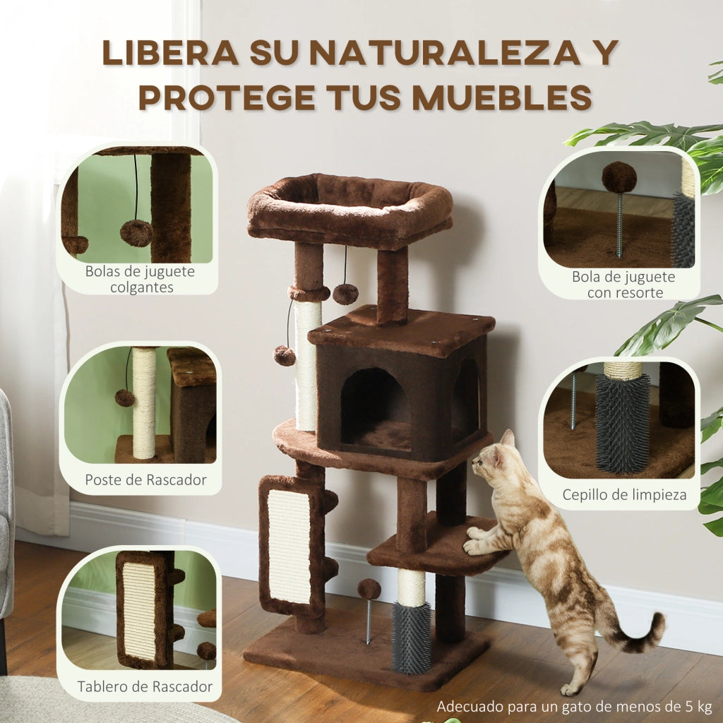 Tiragraffi per Gatti 104 cm ¨C Xylo ¨C con Piattaforme Spazzola Palline Pendenti Marrone