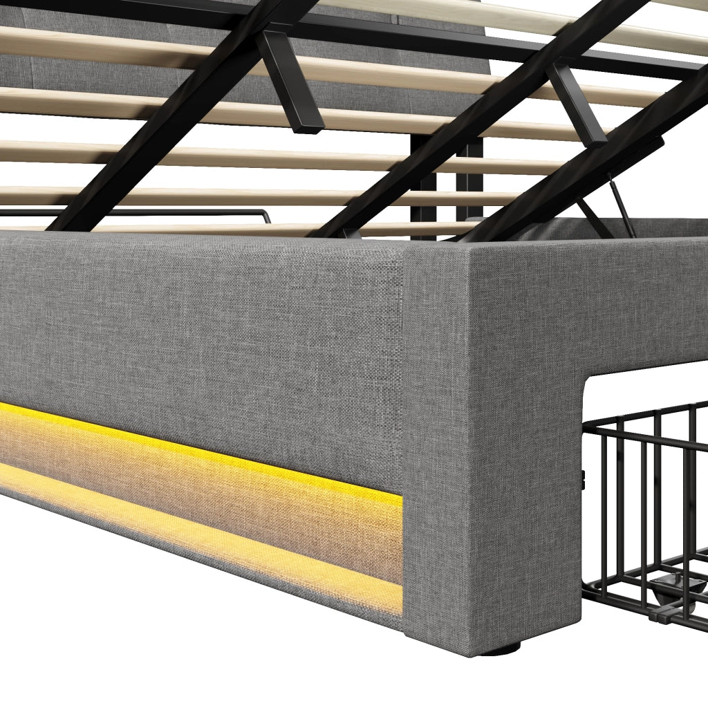 Letto matrimoniale imbottito ULEVR 180x200 cm con contenitore idraulico, LED, USB e Type-C, lino grigio