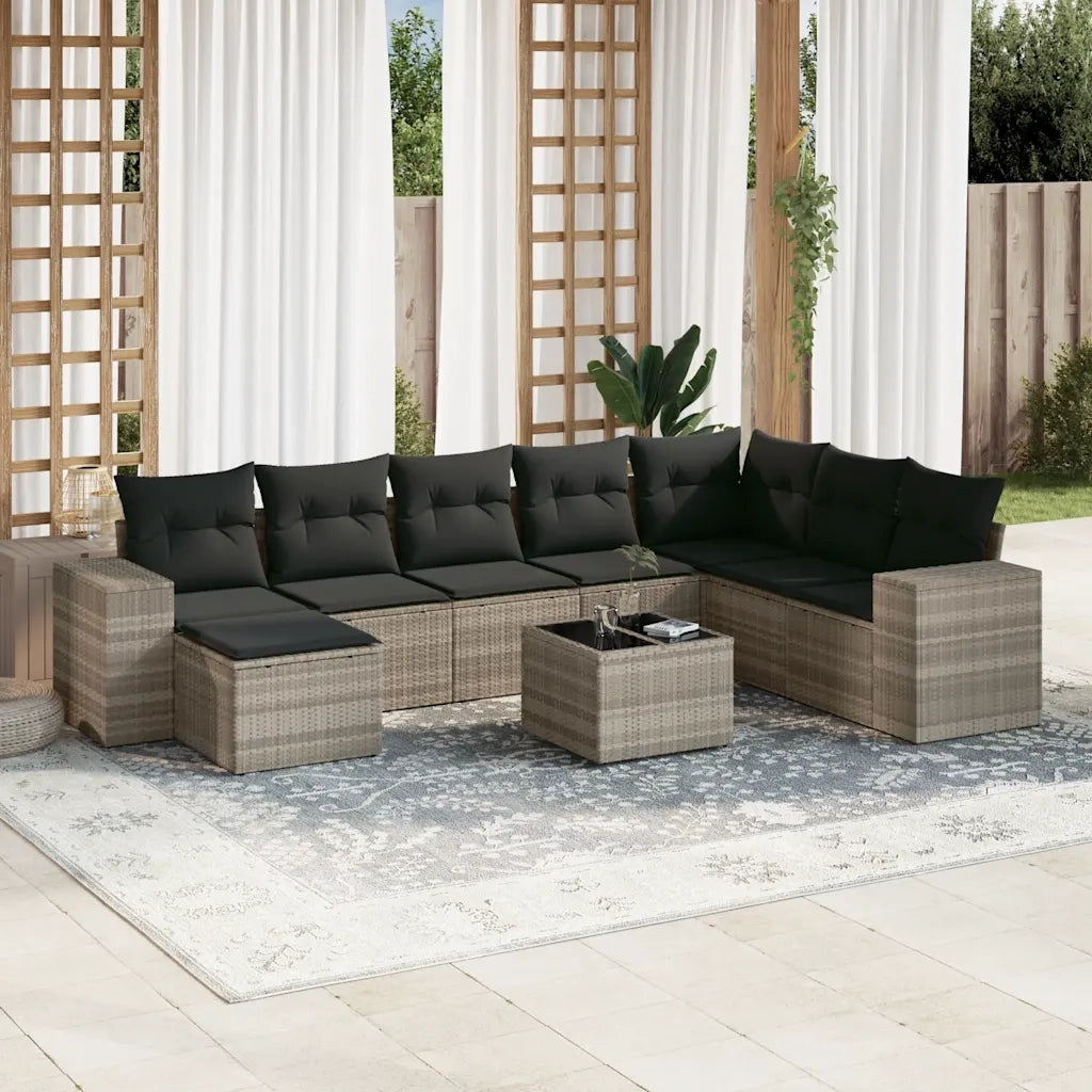 Set Divano da Giardino 9pz con Cuscini Grigio Chiaro Polyrattan