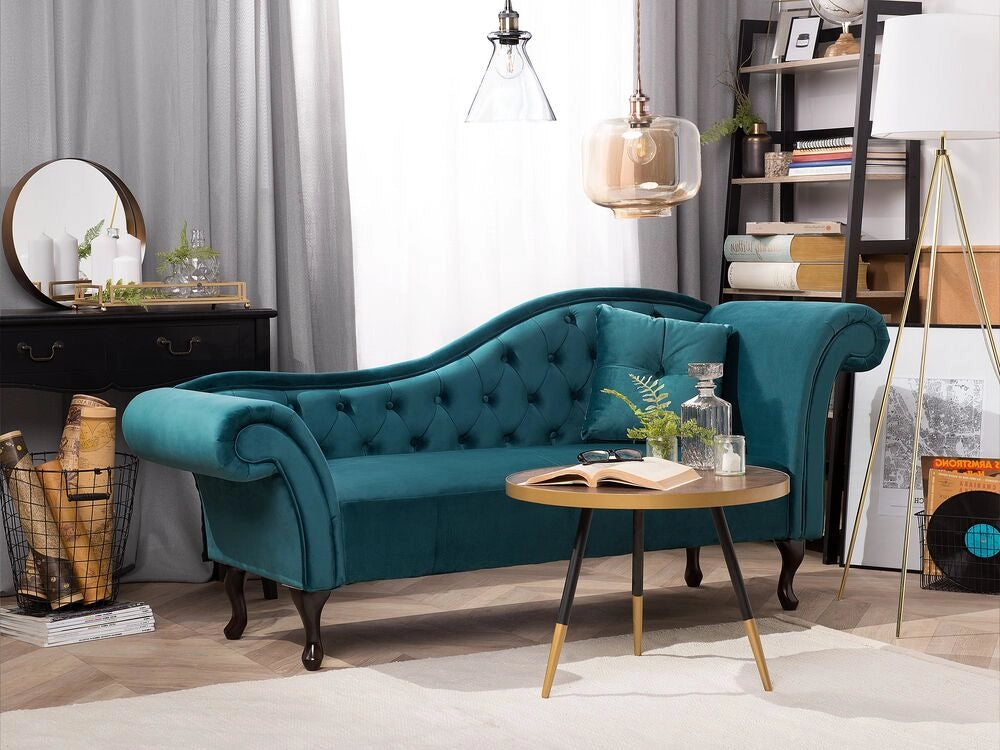 Chaise longue velluto verde acqua bottone trapuntato tappezzeria braccio arrotolato versione destra con cuscino