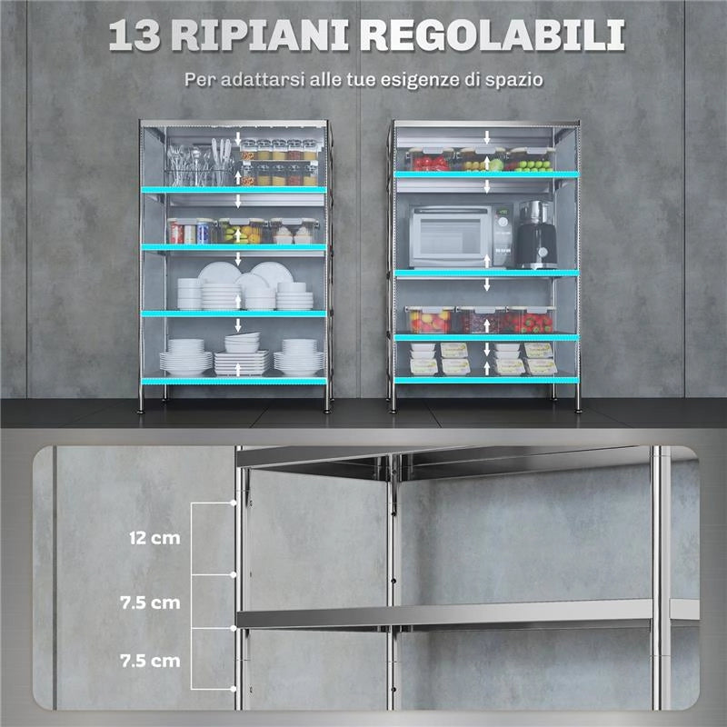 SCAFFALE DA CUCINA A 5 LIVELLI REGOLABILI SU 13 ALTEZZE DIVERSE, IN ACCIAIO INOX, 91X40X139 CM, ARGENTO
