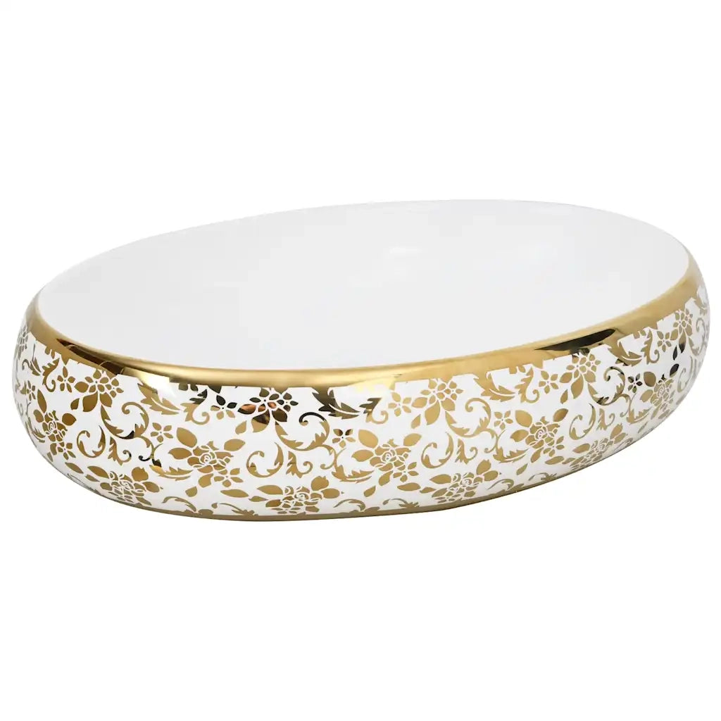 Lavabo da Appoggio Bianco e Oro Ovale 59x40x15 cm Ceramica CFW9438807