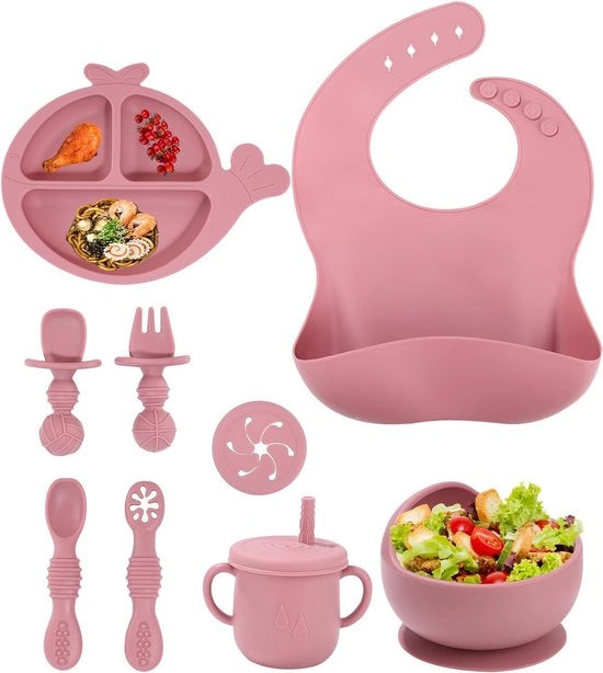 Set da pranzo per bambini 10 pezzi, tavolo per bambini Whales, tavolo da pranzo per bambini con bordo in silicone, set da pranzo BPA-free per bambini con cucchiaio di legno, cuscino antiscivolo, tavolo da pranzo, sacchetto di stoccaggio, bicchiere 2-in-1
