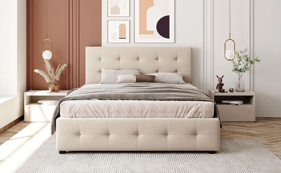 Letto matrimoniale imbottito con 4 cassetti e doghe; rivestimento in velluto beige; 140x200 cm; senza materasso